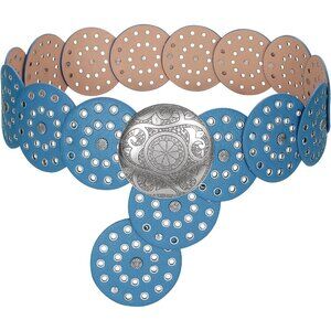 Women's Vintage Leather Belt Western Disc Waist Belts Belt Blue Silver Buckle